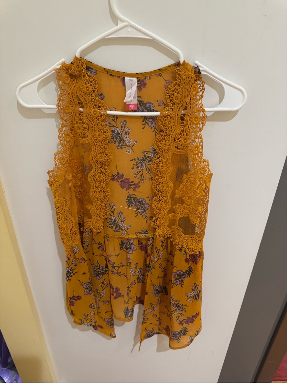 No Boundaries Mustard Floral Lace-Trim Peplum Tank